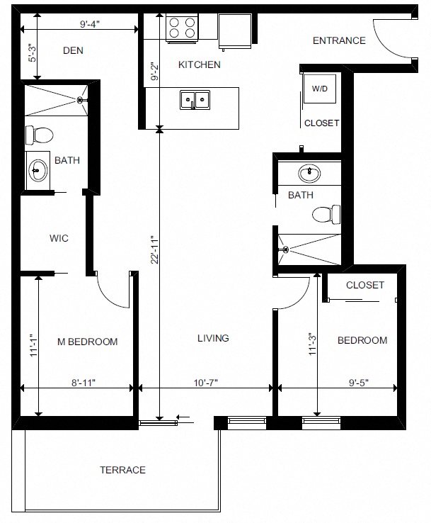 Floor plan for 2 beds, 2 baths, 910 sqft