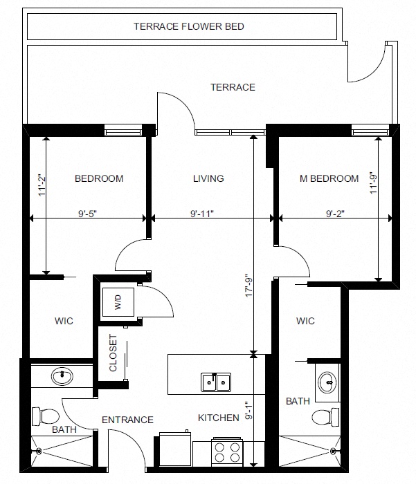 Floor plan for 2 beds, 2 baths, 748 sqft