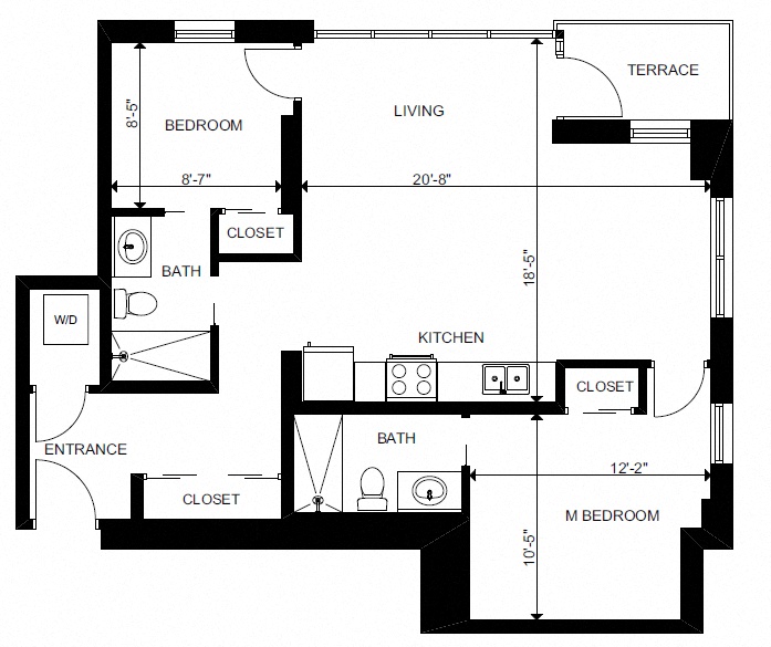 Floor plan for 2 beds, 2 baths, 808 sqft
