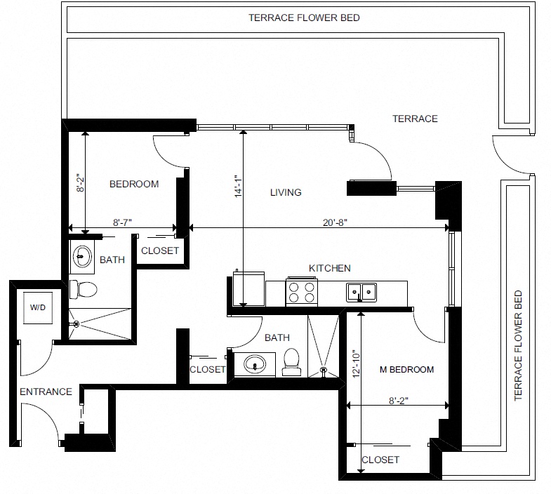 Floor plan for 2 beds, 2 baths, 702 sqft