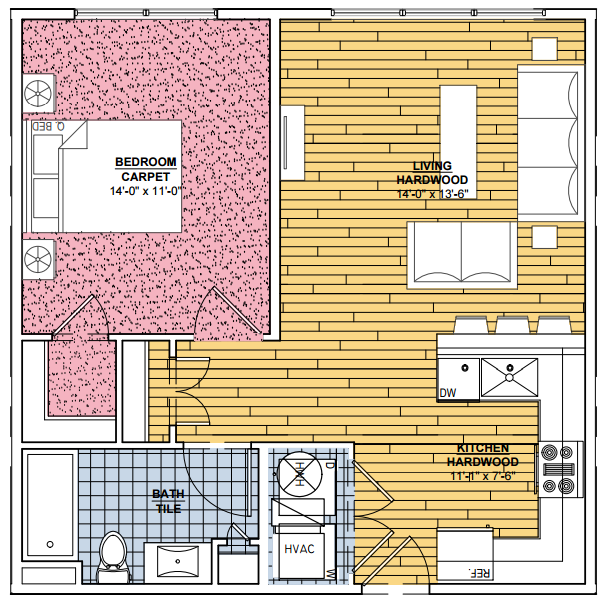 Floor plan for 1 bed, 1 bath, 676 sqft