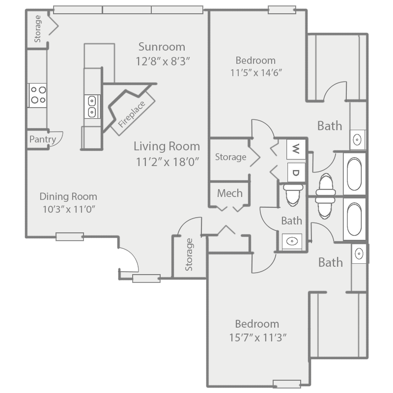 Floor plan for 2 beds, 2.5 baths, 1354 sqft