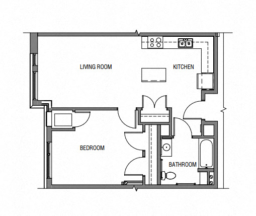 Floor plan for 1 bed, 1 bath, 887 sqft