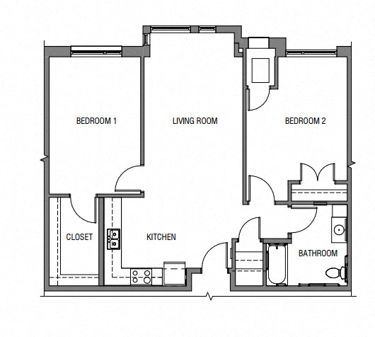 Floor plan for 2 beds, 1 bath, 1262 sqft