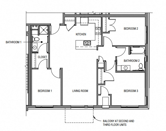 Floor plan for 3 beds, 1.7 baths, 1264 sqft