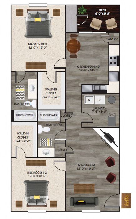 Floor plan for 2 beds, 2 baths, 1088 sqft