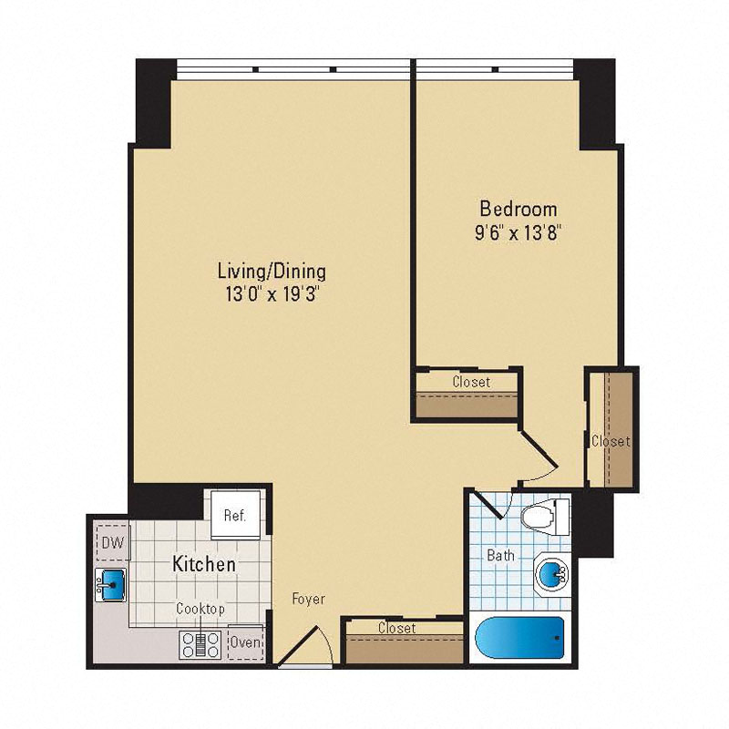 Floor plan for 1 bed, 1 bath, 660 sqft