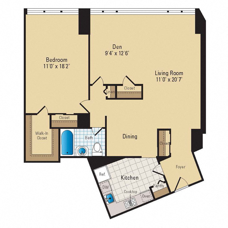 Floor plan for 1 bed, 1 bath, 850 sqft