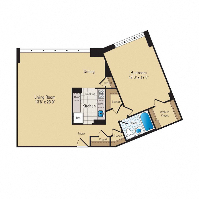 Floor plan for 1 bed, 1 bath, 865 sqft