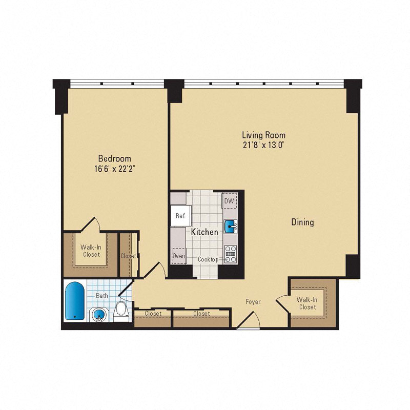Floor plan for 1 bed, 1 bath, 870 sqft