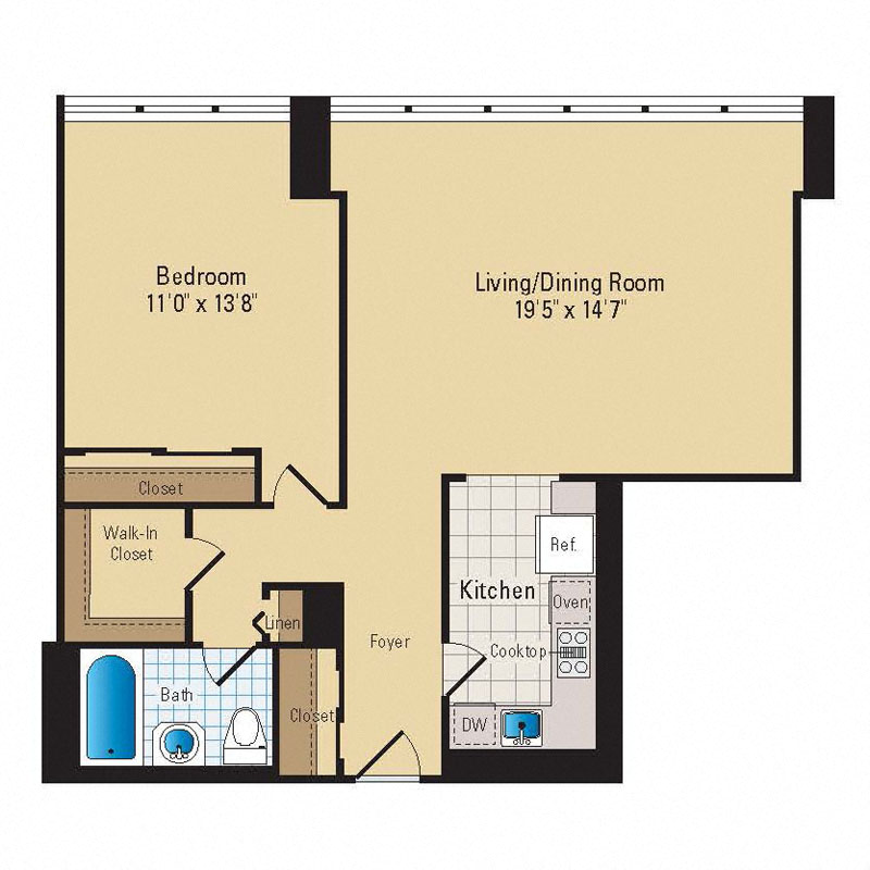 Floor plan for 1 bed, 1 bath, 705 sqft