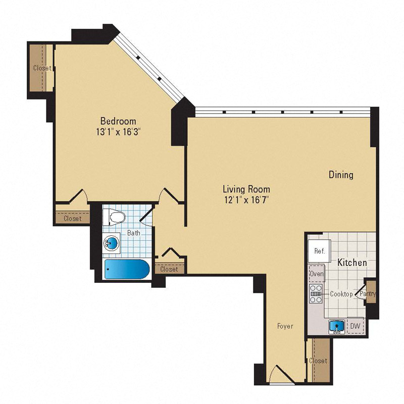 Floor plan for 1 bed, 1 bath, 660 sqft
