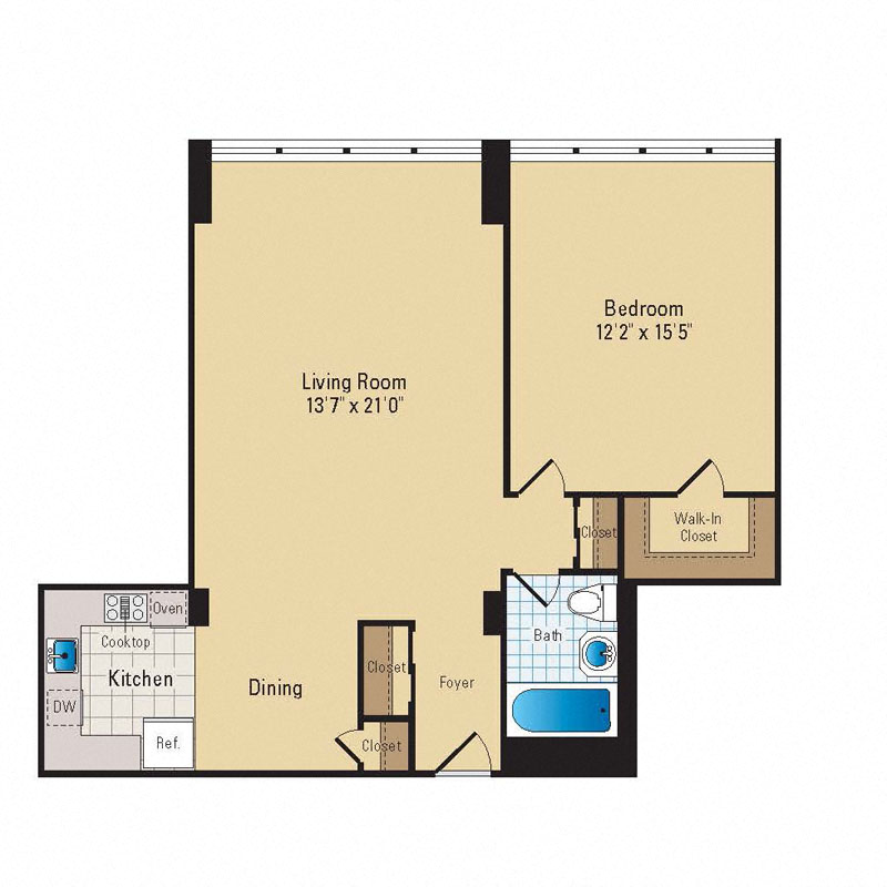 Floor plan for 1 bed, 1 bath, 755 sqft