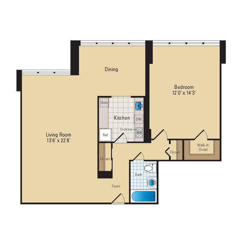 Floor plan for 1 bed, 1 bath, 785 sqft