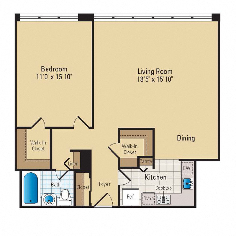 Floor plan for 1 bed, 1 bath, 790 sqft