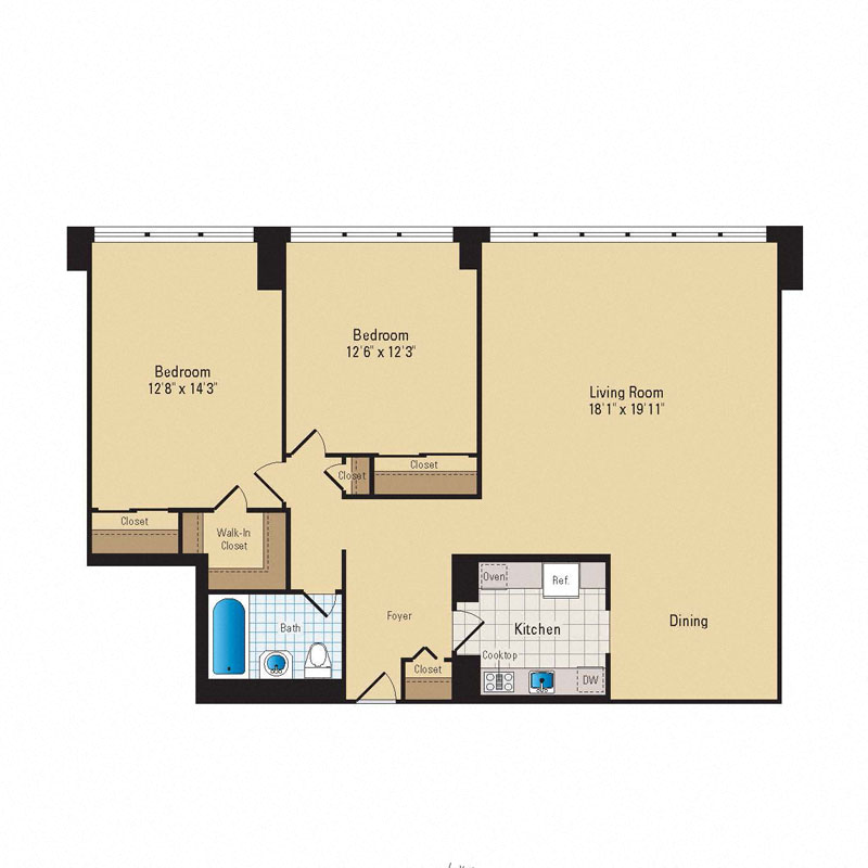 Floor plan for 2 beds, 1 bath, 1110 sqft