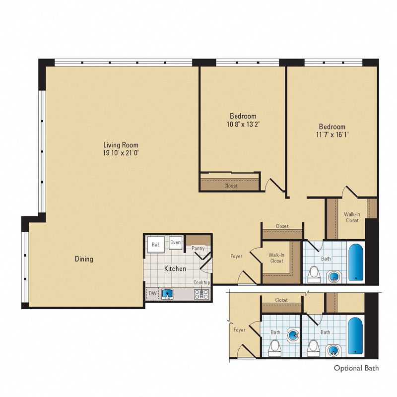 Floor plan for 2 beds, 1 bath, 1230 sqft