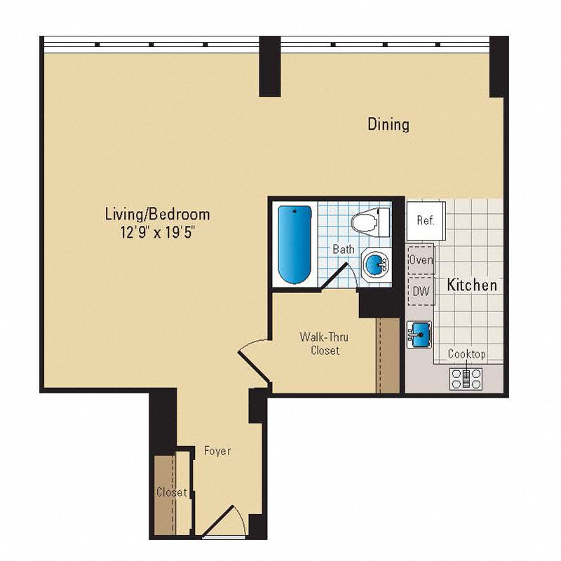 Floor plan for studio, 1 bath, 575 sqft