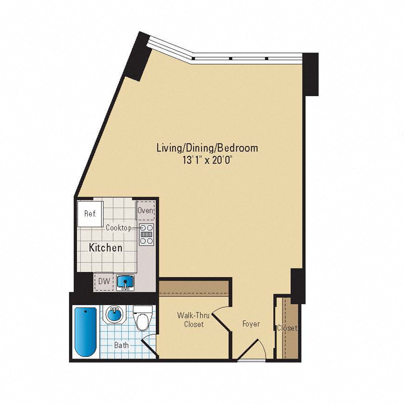 Floor plan for studio, 1 bath, 555 sqft