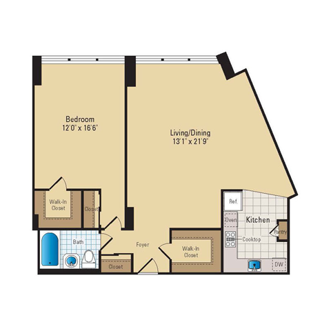 Floor plan for 1 bed, 1 bath, 835 sqft