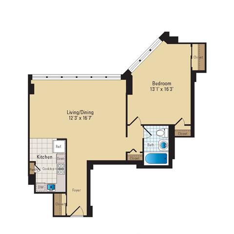 Floor plan for 1 bed, 1 bath, 720 sqft
