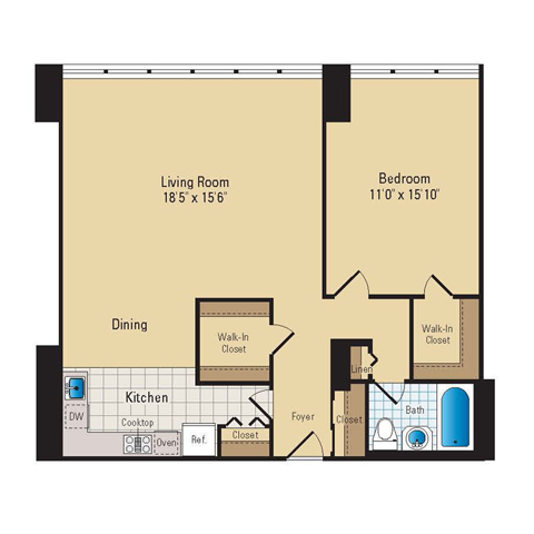 Floor plan for 1 bed, 1 bath, 790 sqft
