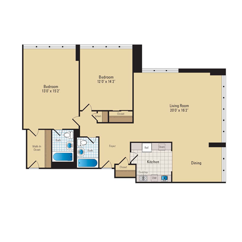Floor plan for 2 beds, 2 baths, 1140 sqft