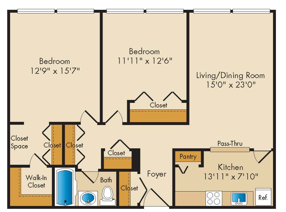 Floor plan for 2 beds, 1 bath, 1000 sqft