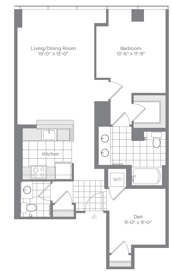 Floor plan for 1 bed, 1 bath, 924 sqft