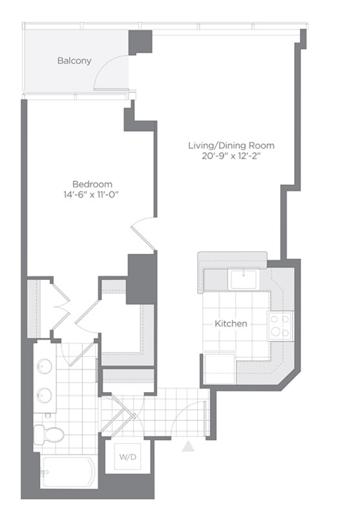 Floor plan for 1 bed, 1 bath, 802 sqft