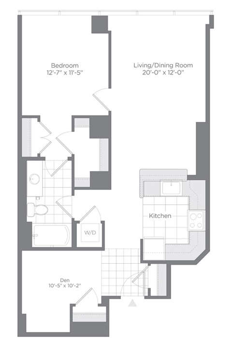 Floor plan for 1 bed, 1 bath, 858 sqft