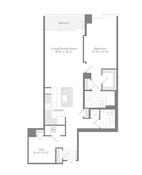 Floor plan for 1 bed, 1 bath, 1135 sqft