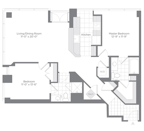 Floor plan for 2 beds, 2 baths, 1161 sqft