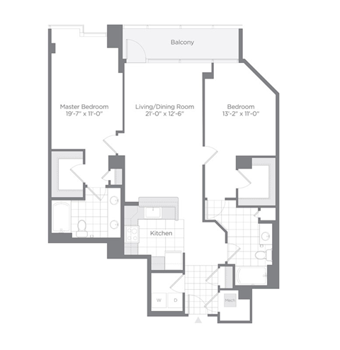 Floor plan for 2 beds, 2 baths, 1258 sqft