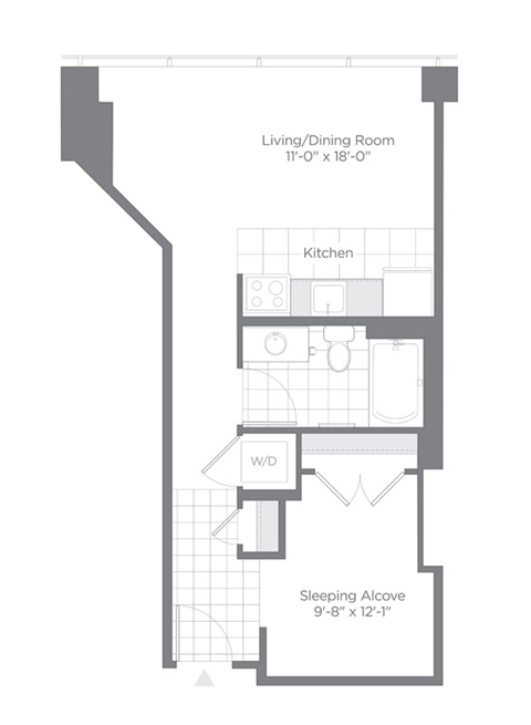 Floor plan for studio, 1 bath, 568 sqft