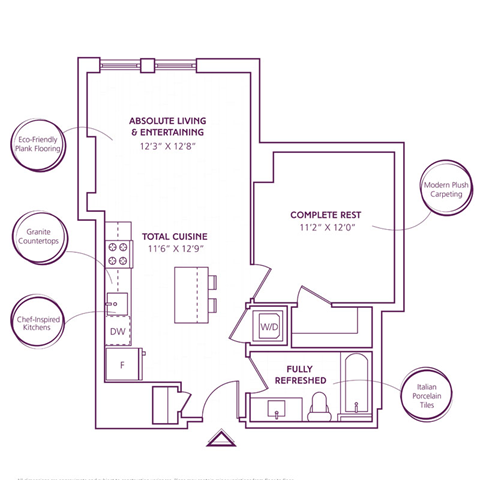 Floor plan for 1 bed, 1 bath, 604 sqft