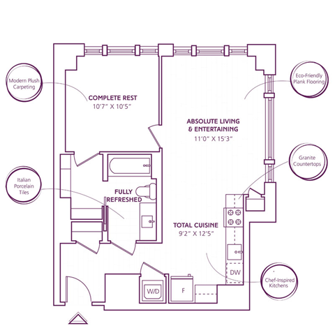 Floor plan for 1 bed, 1 bath, 673 sqft