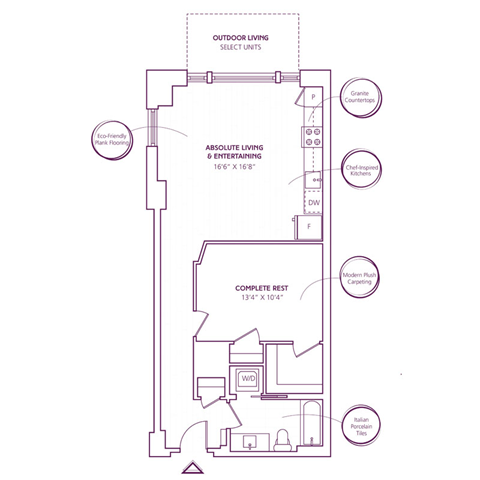 Floor plan for 1 bed, 1 bath, 722 sqft