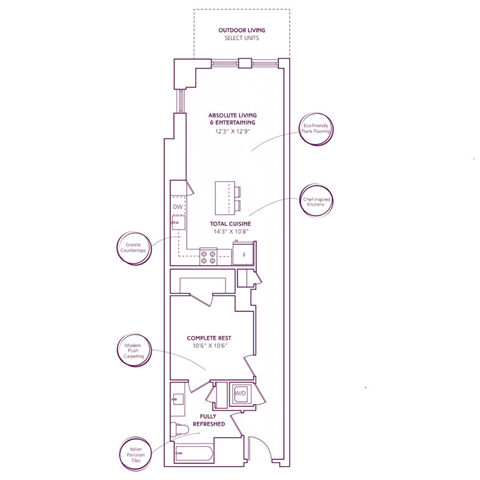 Floor plan for 1 bed, 1 bath, 724 sqft