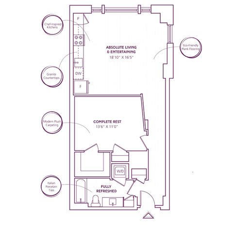 Floor plan for 1 bed, 1 bath, 765 sqft