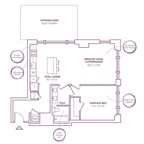 Floor plan for 1 bed, 1 bath, 781 sqft