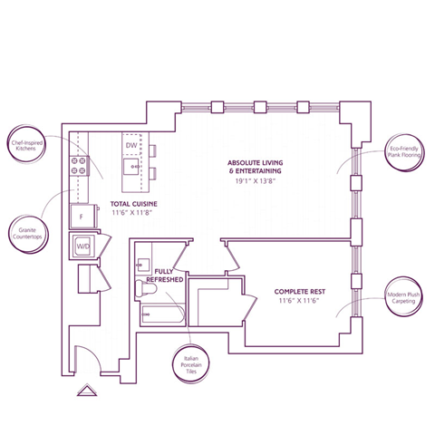 Floor plan for 1 bed, 1 bath, 819 sqft