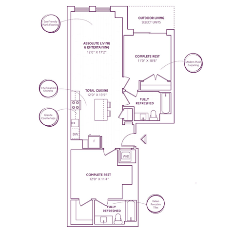 Floor plan for 2 beds, 2 baths, 948 sqft
