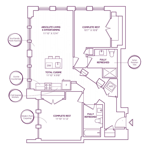 Floor plan for 2 beds, 2 baths, 976 sqft