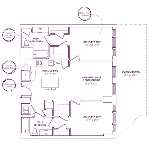 Floor plan for 2 beds, 2 baths, 1014 sqft