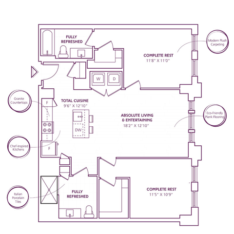 Floor plan for 2 beds, 2 baths, 1045 sqft