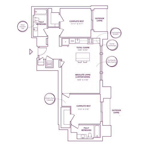 Floor plan for 2 beds, 2 baths, 1051 sqft