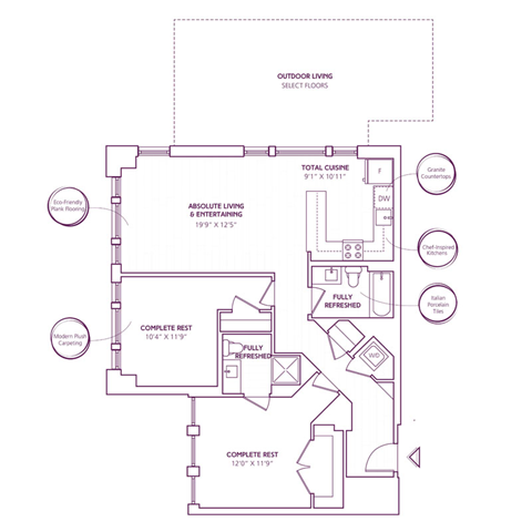 Floor plan for 2 beds, 2 baths, 1055 sqft