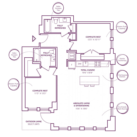 Floor plan for 2 beds, 2 baths, 1118 sqft