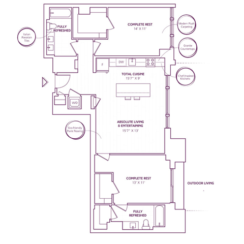 Floor plan for 2 beds, 2 baths, 1154 sqft